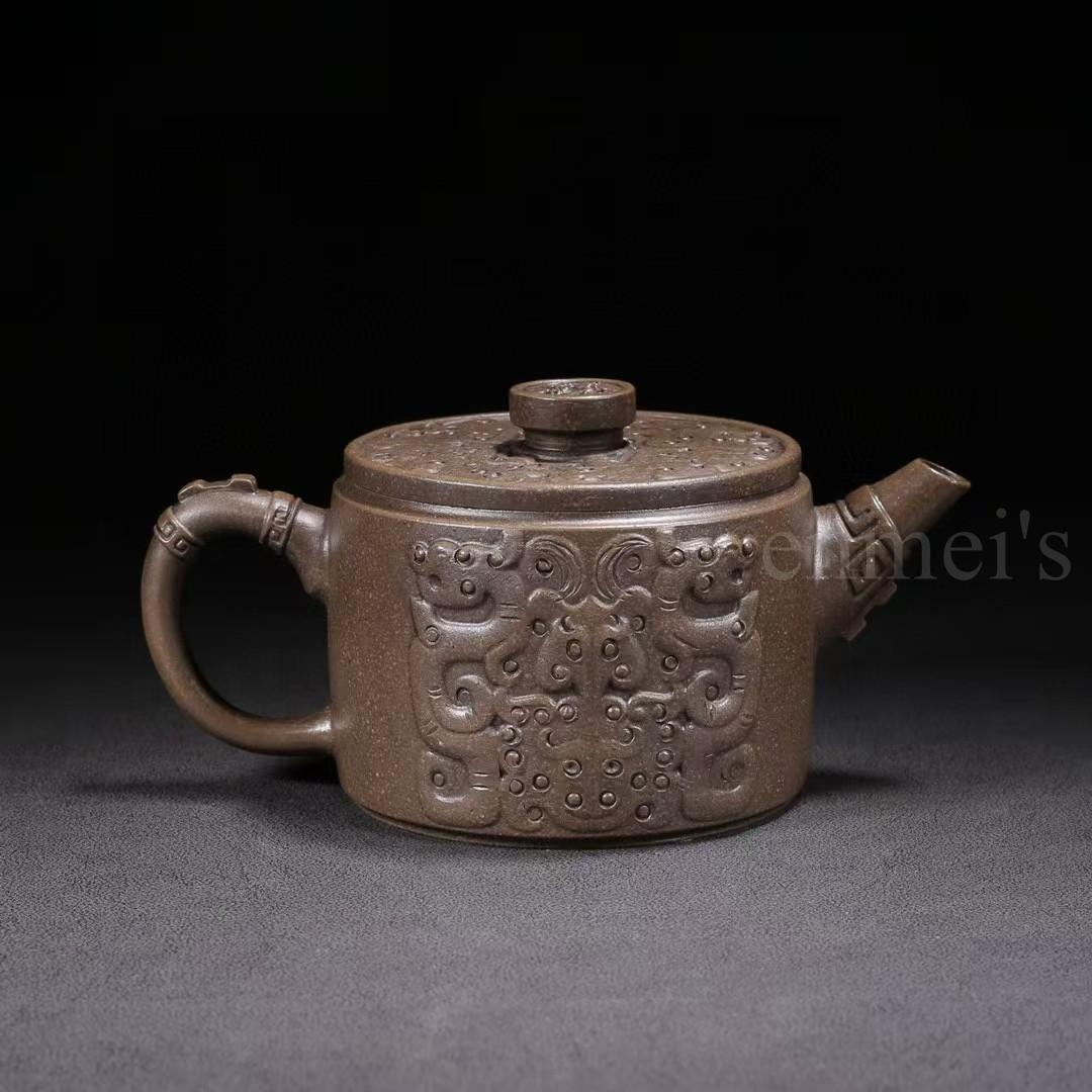 中国古美術・原鉱古銅泥魚躍龍門紫砂壺・底款：徐漢棠・紫砂壺・朱泥・急須・茶道具