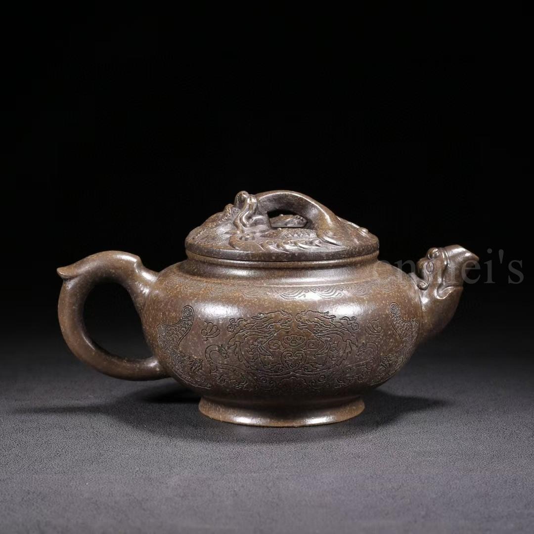 中国古美術・原鉱古銅泥魚躍龍門紫砂壺・底款：徐漢棠・紫砂壺・朱泥・急須・茶道具