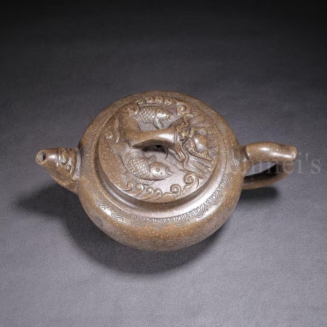 中国古美術・原鉱古銅泥魚躍龍門紫砂壺・底款：徐漢棠・紫砂壺・朱泥・急須・茶道具