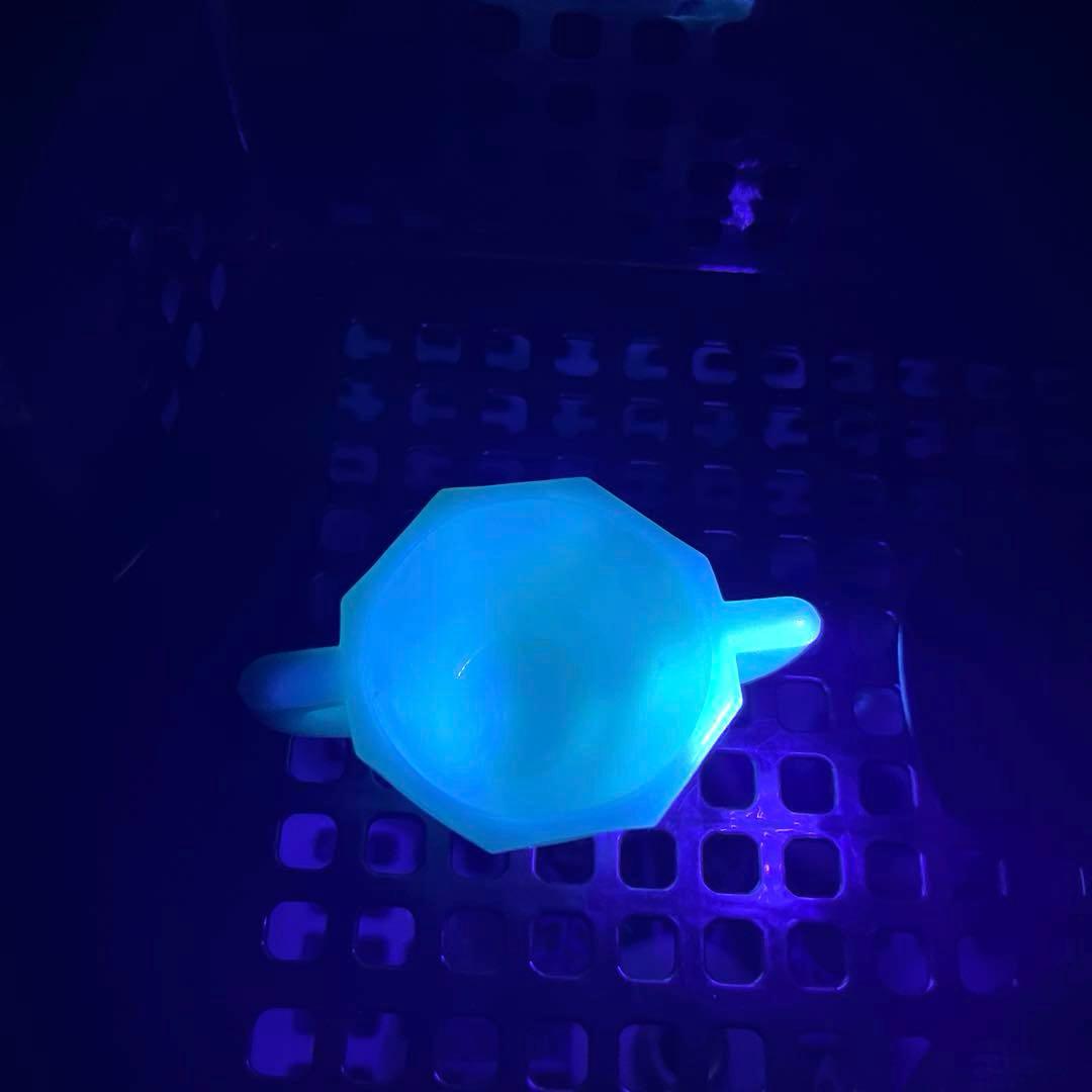 骨董　レトロガラス　紫陽花色　練りガラス　八角型　双耳付き豆鉢　刻印有り ウラン