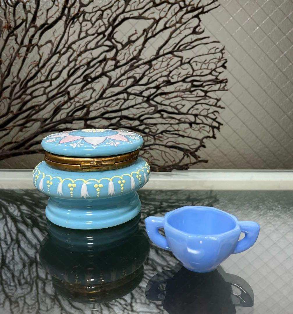 骨董　レトロガラス　紫陽花色　練りガラス　八角型　双耳付き豆鉢　刻印有り ウラン