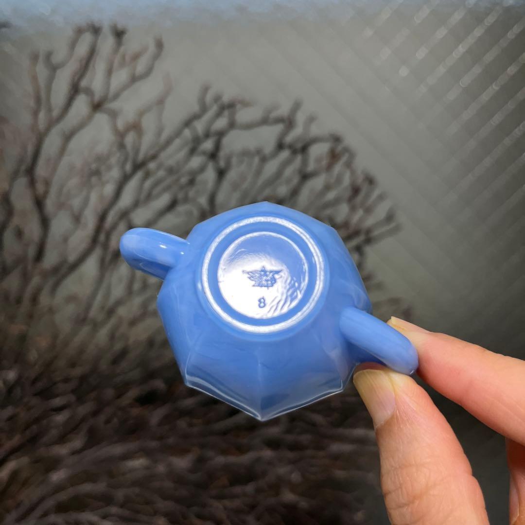 骨董　レトロガラス　紫陽花色　練りガラス　八角型　双耳付き豆鉢　刻印有り ウラン