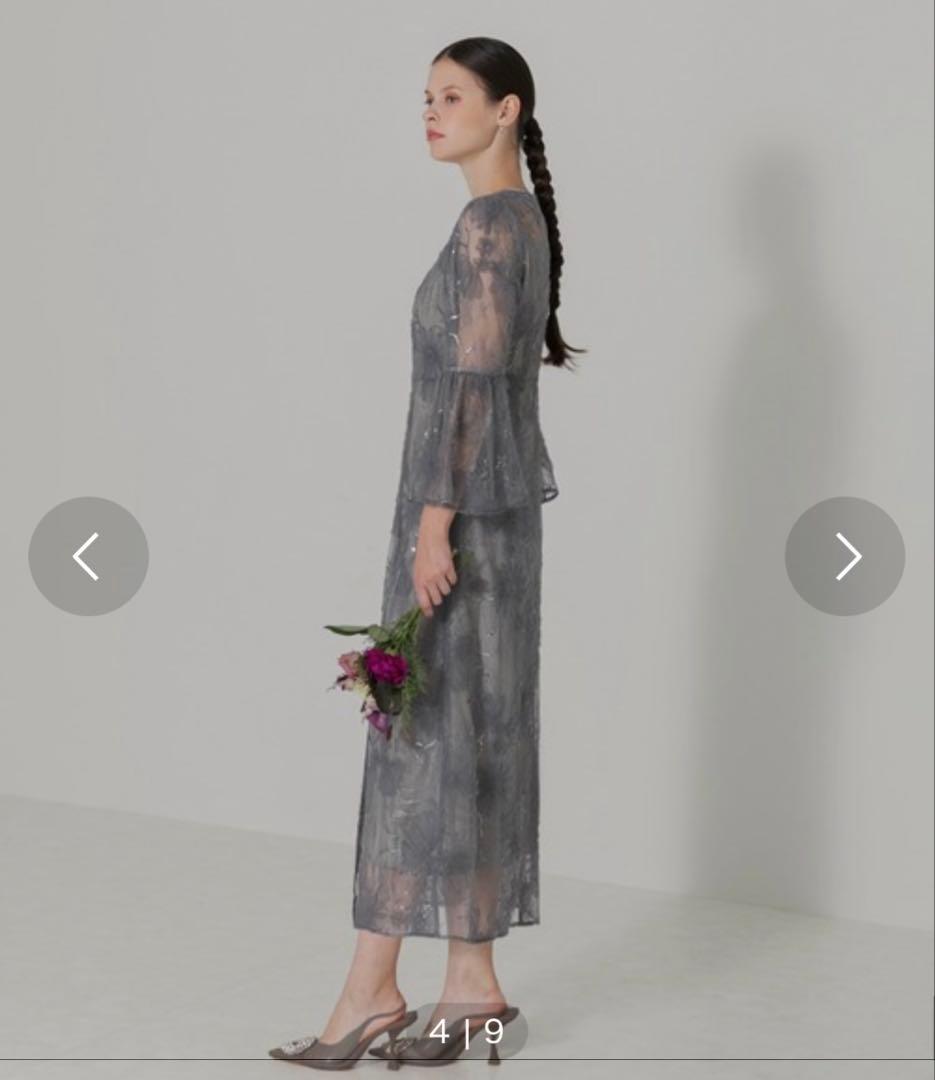 leja スパンコールレーススリーブ ラインロングワンピースドレス