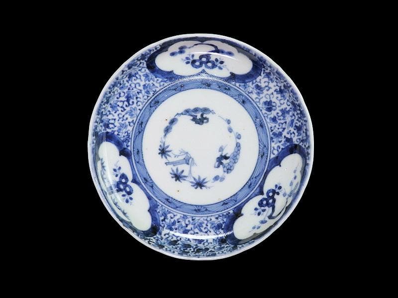 古伊万里　染付 窓絵　松竹梅に萩唐草の図　５寸半皿　291AS-CWt