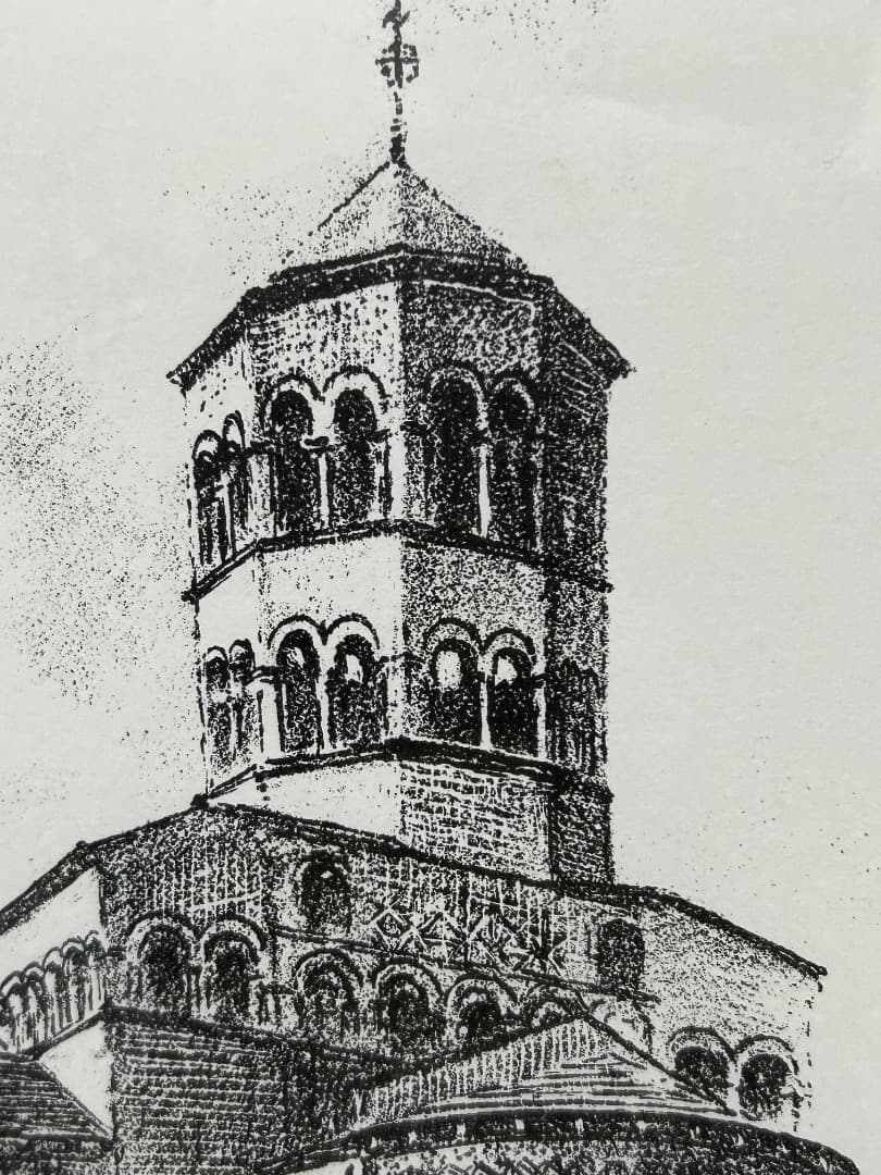 フランス イソワールの教会風景 (版画)