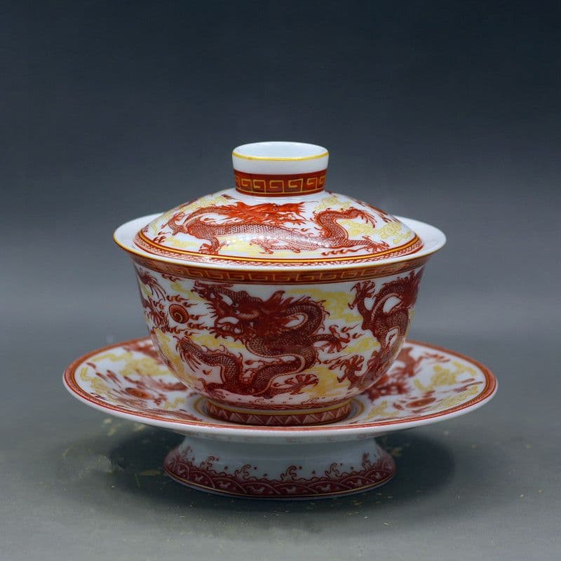 中国茶器 紅竜三才蓋碗 茶碗 湯飲み煎茶器 新品未使用