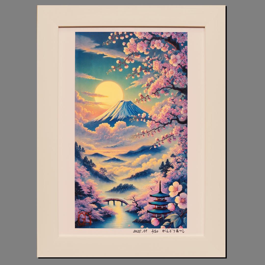 ●【いまを感じる AIアート】桜富士山日本20枚限定A4額●がんどうあつし制作