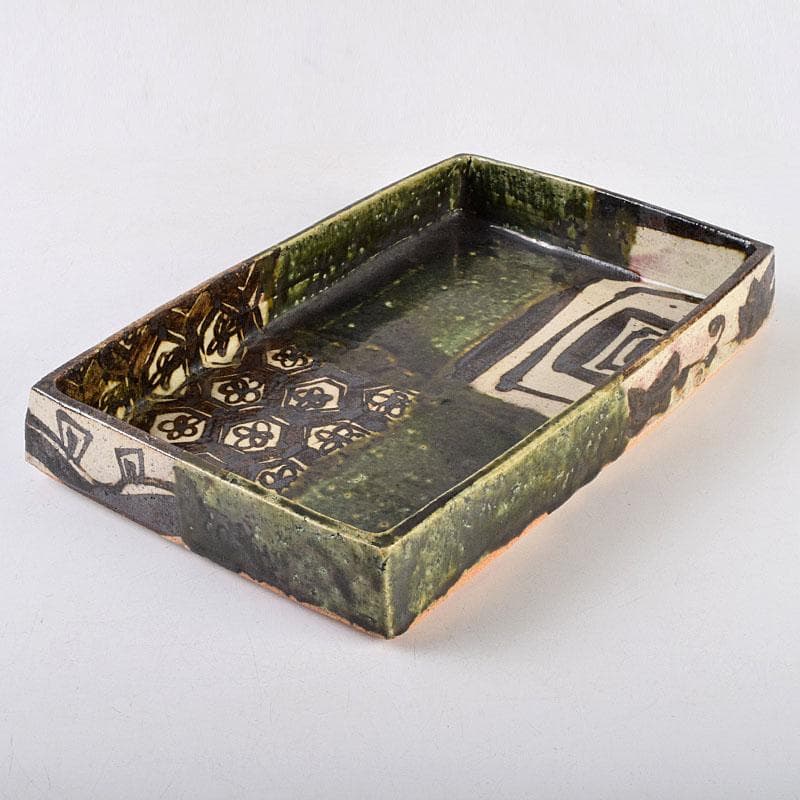 和食器　織部焼　廣永窯　坪島土平作　長方鉢　共箱　M　R9198