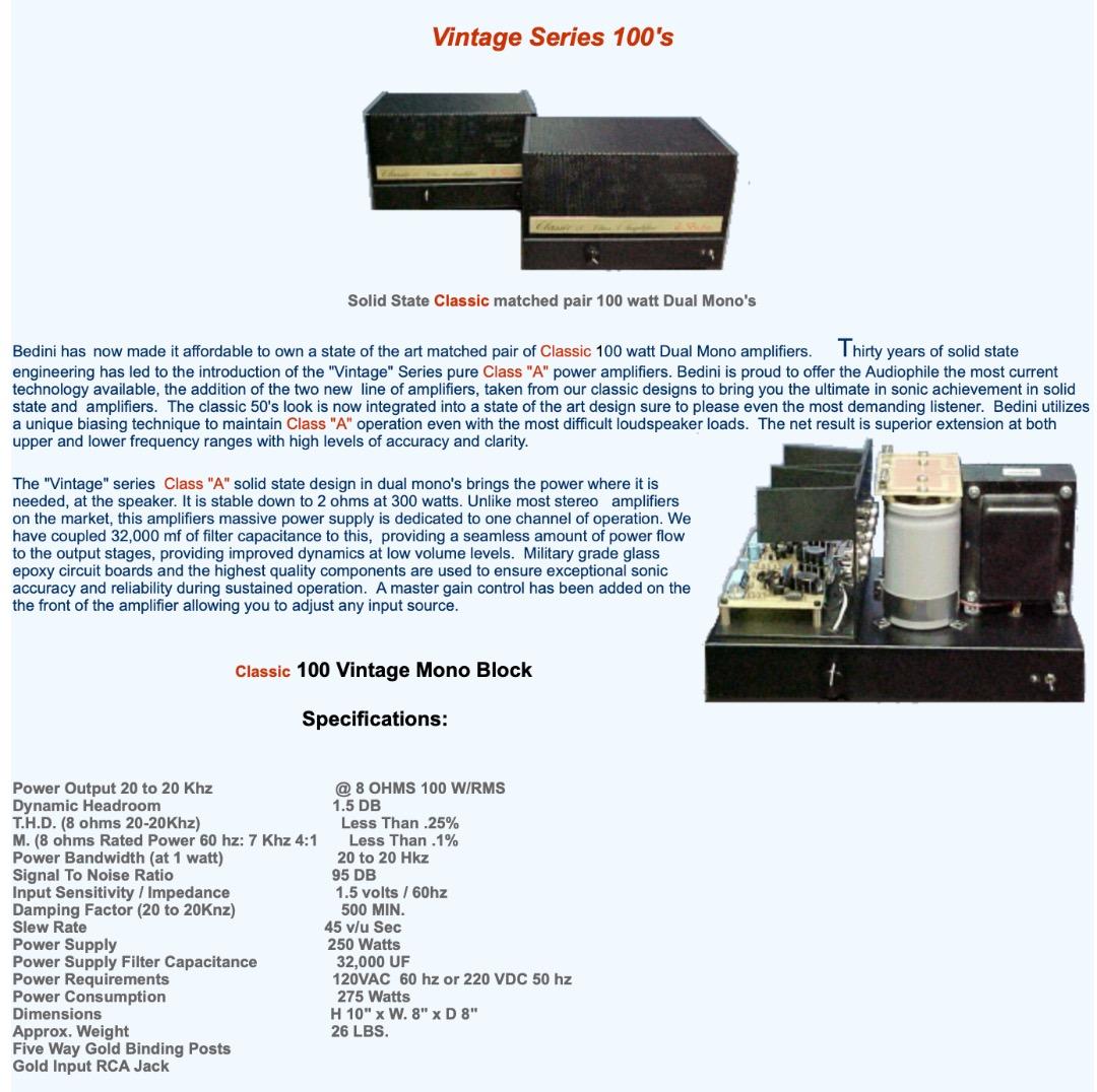 パワーアンプBedini Classic 100 Mono Amplifiers