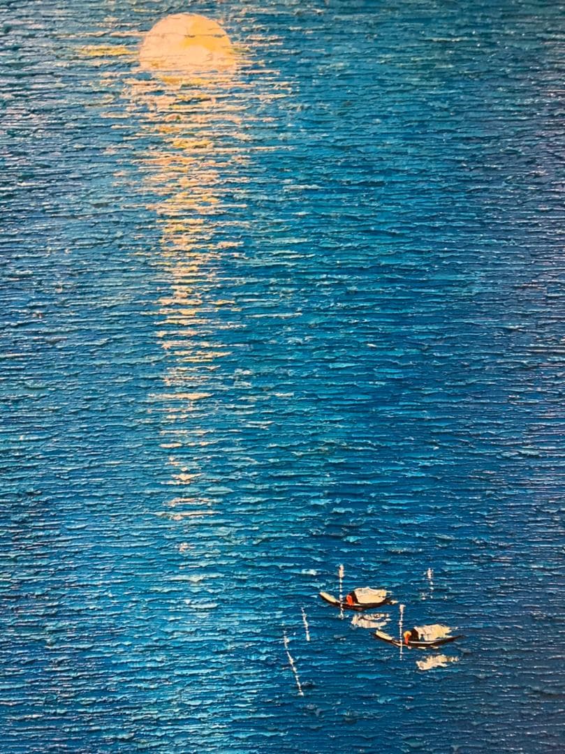 日の出の海の風景画（油絵肉筆画）885×1280