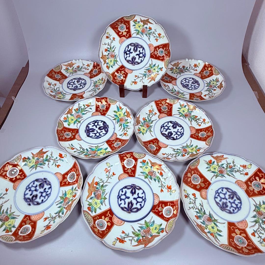 古伊万里　色絵三方柘榴鳥文様七寸皿　8枚　直径21.8㎝　料理屋　古器を楽しむ