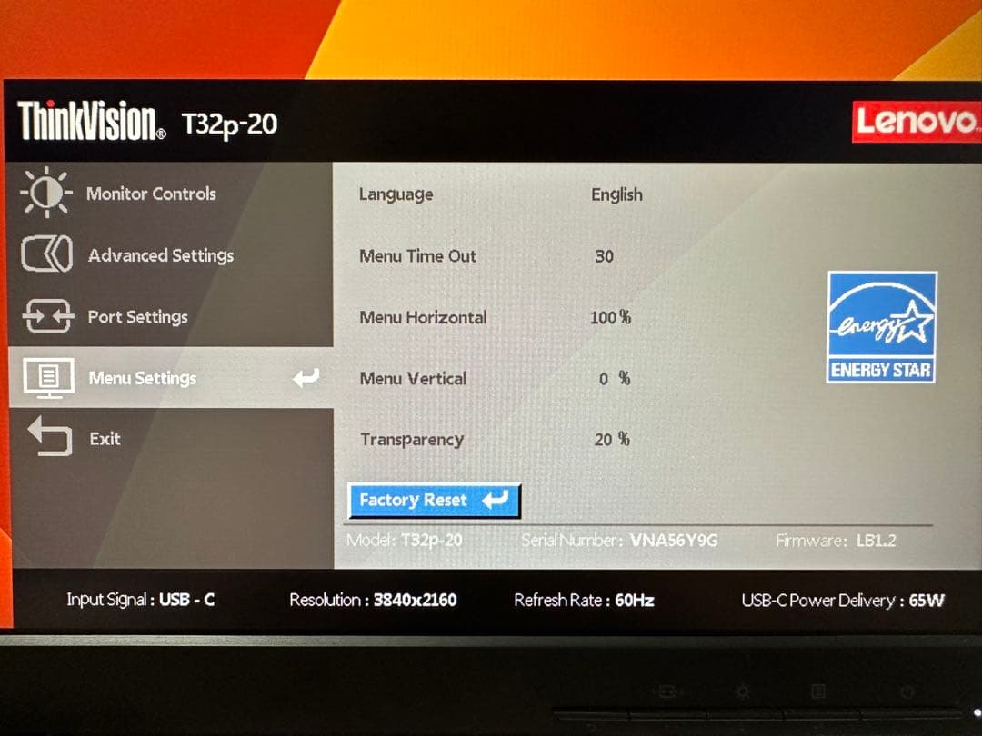 T32p-20 レノボ 4K 32インチモニター　IPS　高さ調整可能