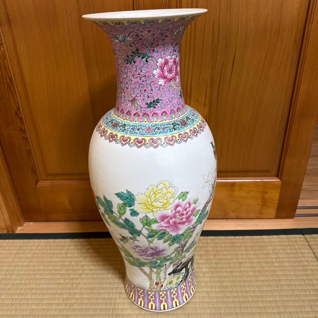 陶磁器製 花瓶 花と鳥の絵柄