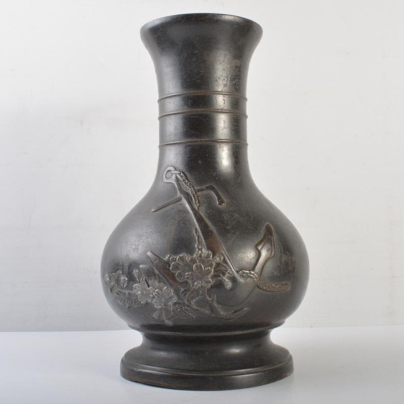 古銅銀象嵌　碇桜文　長顎瓶　横須賀泉商会款　重さ約6kg　H　R7179B