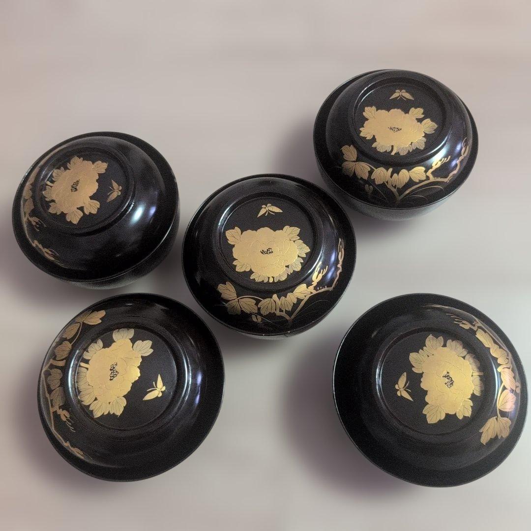 輪島塗 吸物椀 5客 蓋碗 漆芸 漆器 牡丹蝶金蒔絵5客セット