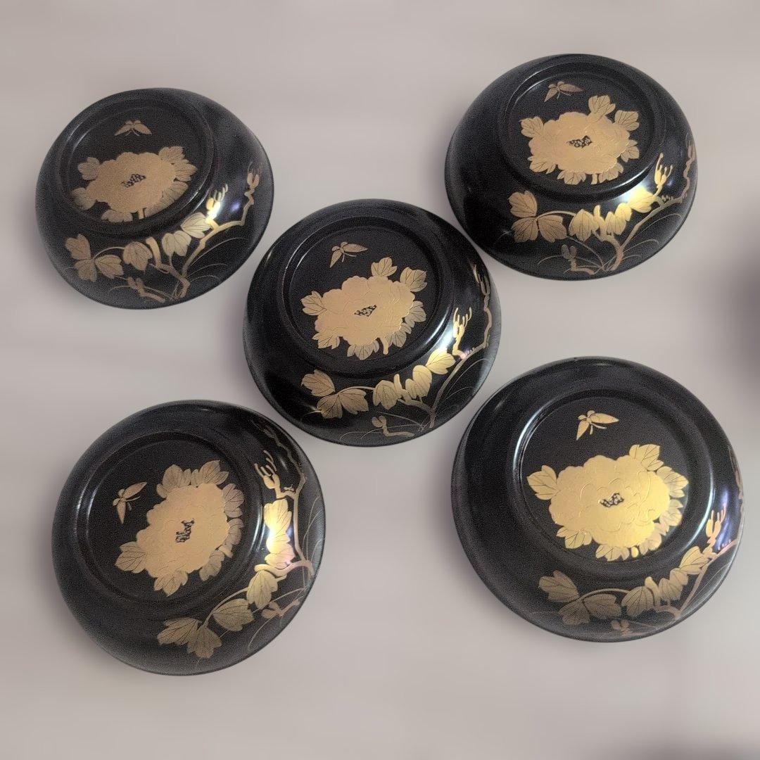 輪島塗 吸物椀 5客 蓋碗 漆芸 漆器 牡丹蝶金蒔絵5客セット