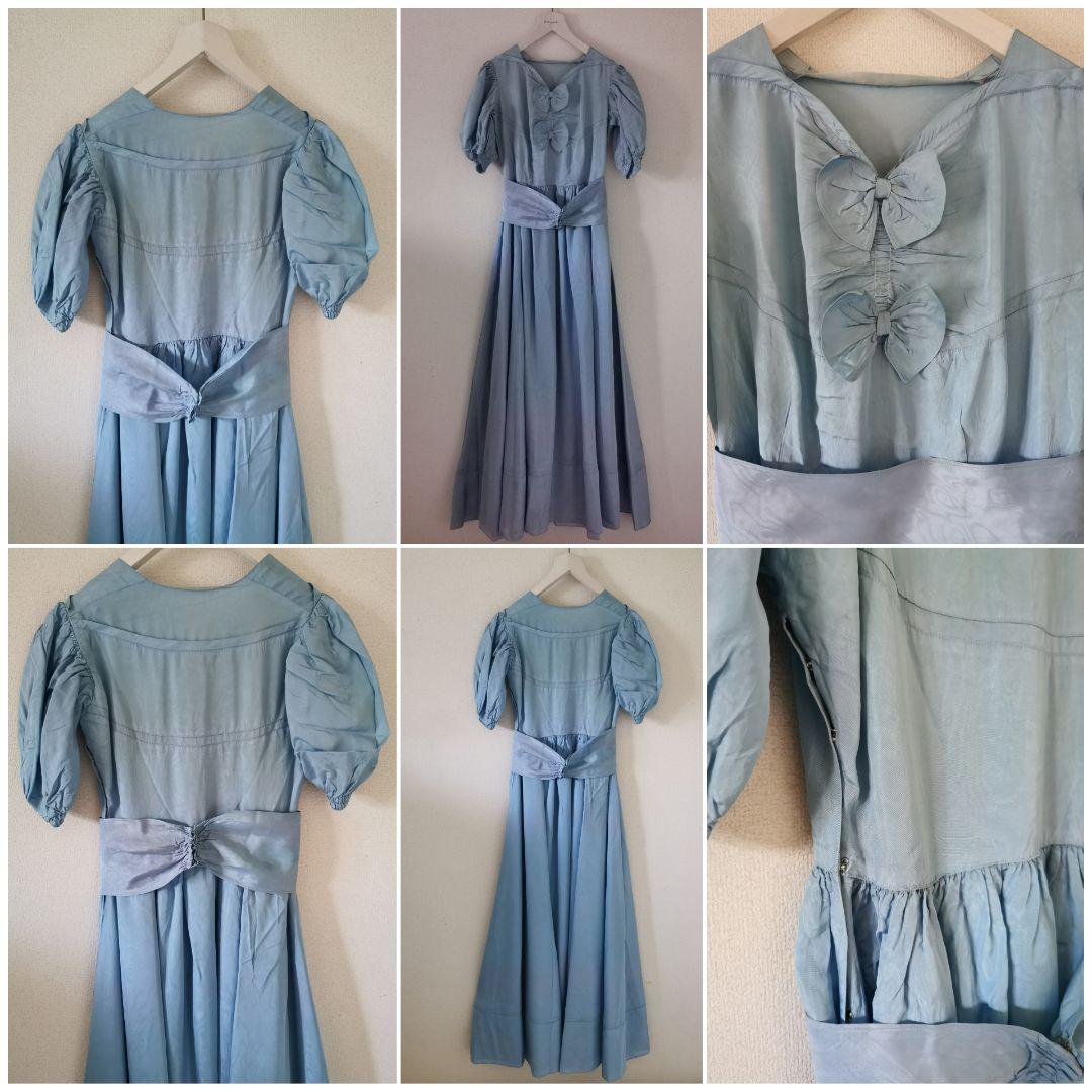 アンティークフランス オーダーメイド手縫 一点物ブルーボウ付き ロングワンピース