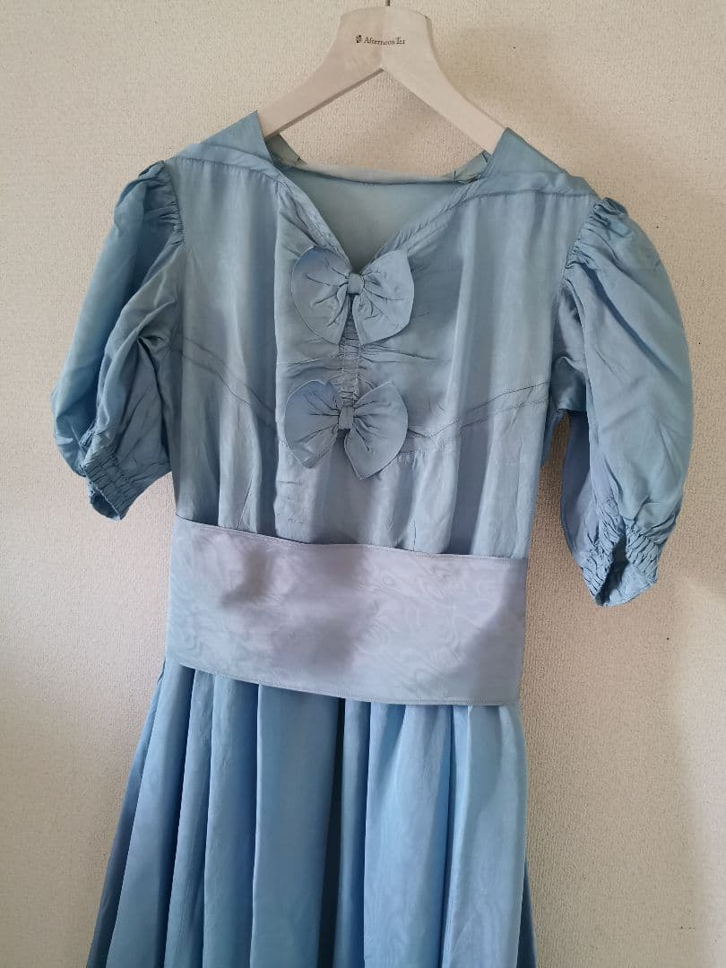 アンティークフランス オーダーメイド手縫 一点物ブルーボウ付き ロングワンピース