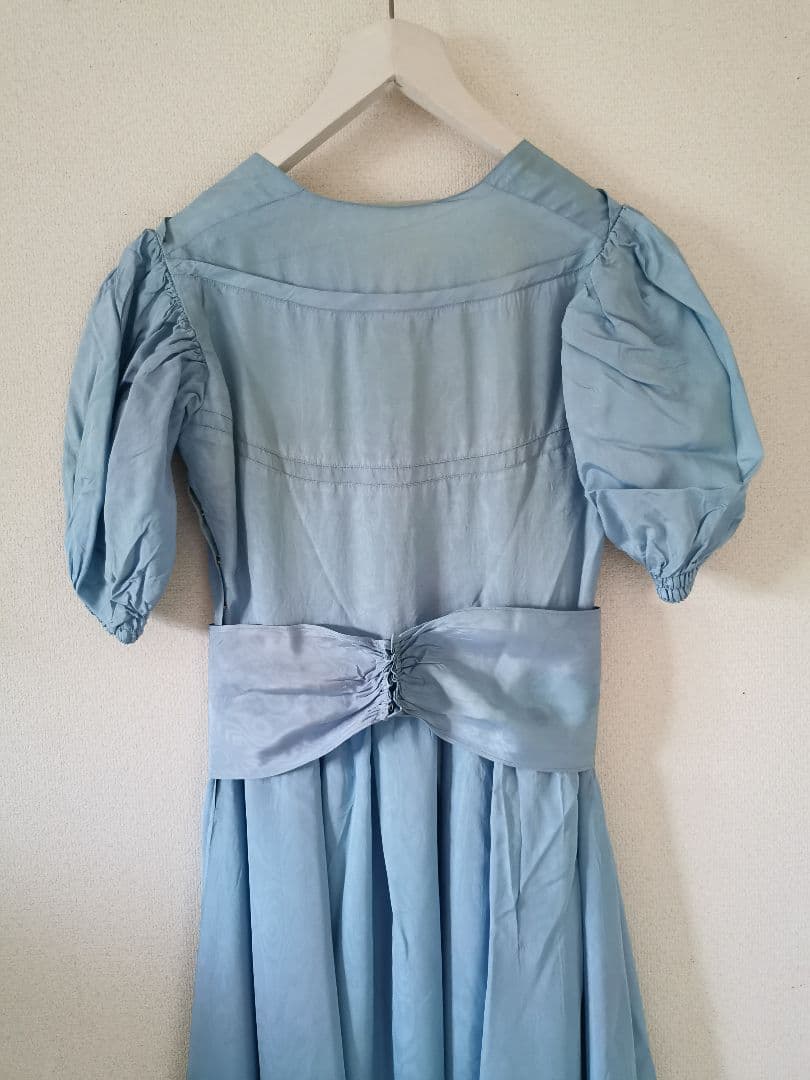 アンティークフランス オーダーメイド手縫 一点物ブルーボウ付き ロングワンピース