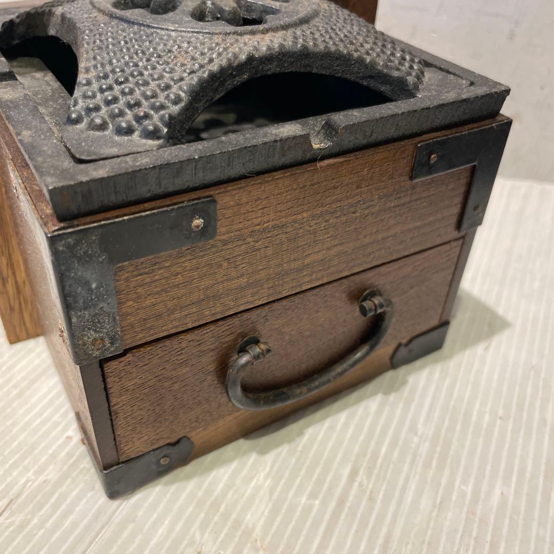一点もの 希少品 【和骨董】木製 火鉢 煙草盆 抽斗付き 時代物 灰皿付き