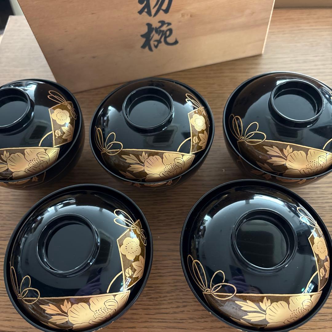 会津塗　蓋付き御吸物椀　5客揃　木箱入り