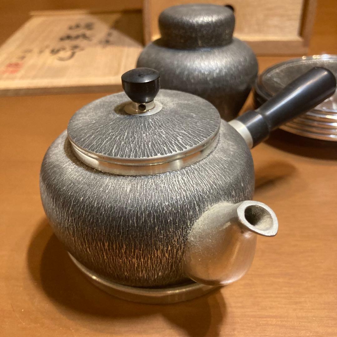 嵯峨野 本錫 手造り 茶器揃い 共箱付 急須 茶壺 茶托 茶合 受皿 木箱