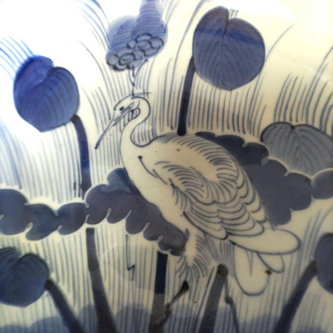 染付　芦と白鷺の丸皿　D243