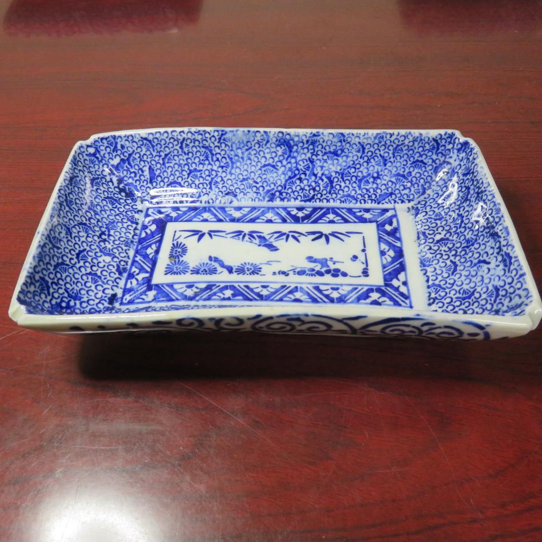 角皿 角長皿 印判 染付 微塵唐草 明治 大正 ベロ藍 松竹梅 窯傷