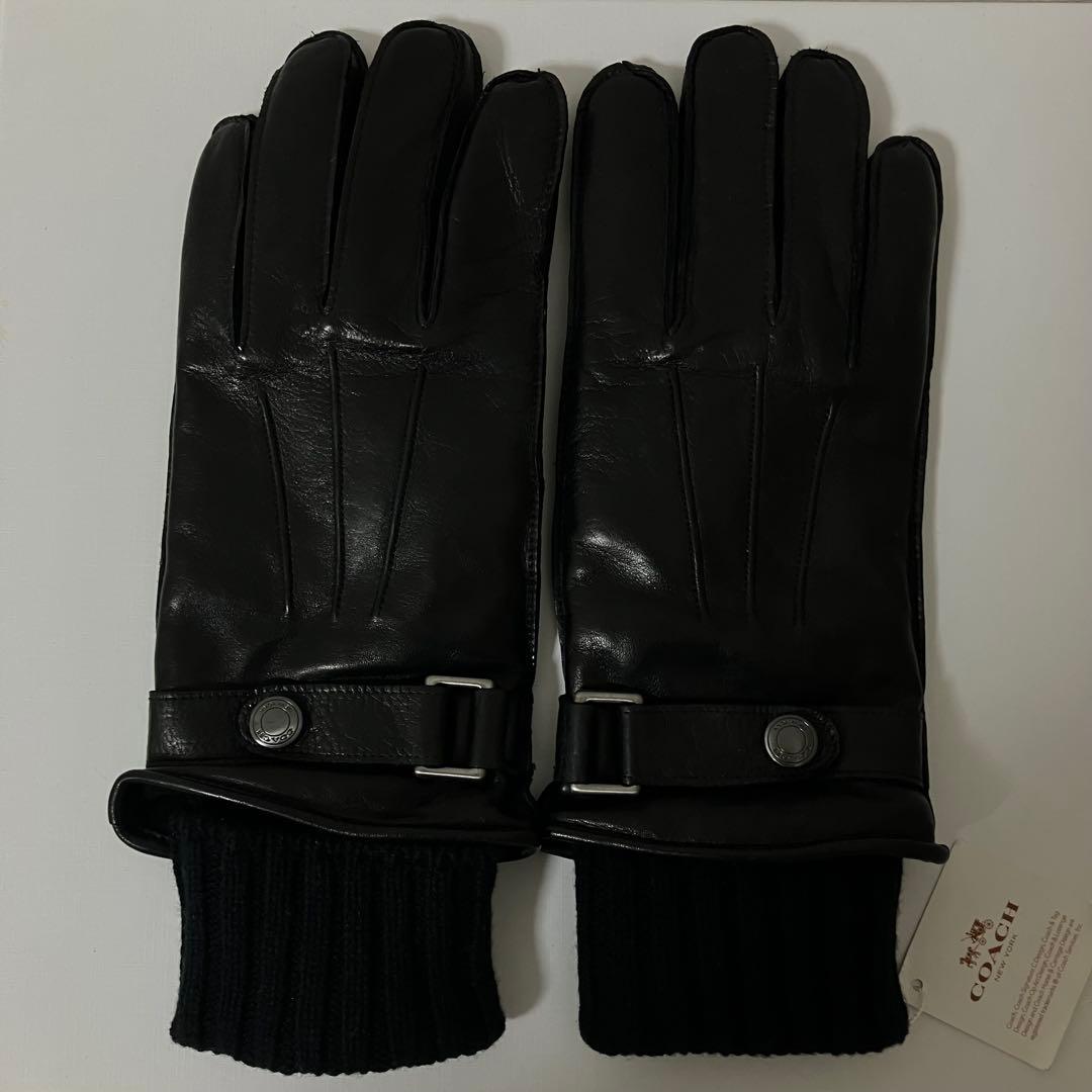 【タグ付き新品】COACH コーチ 羊革メンズ レザー手袋 カシミヤ混 黒