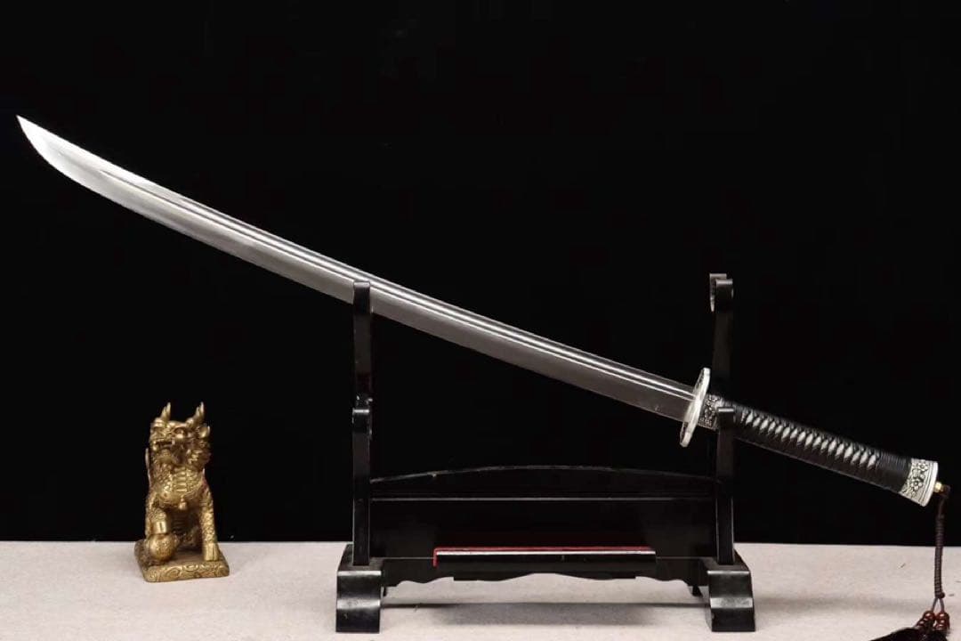 雁翎刀 黒石目鞘 模造刀 舞踊刀 武具 本牛革柄巻 コレクション刀剣