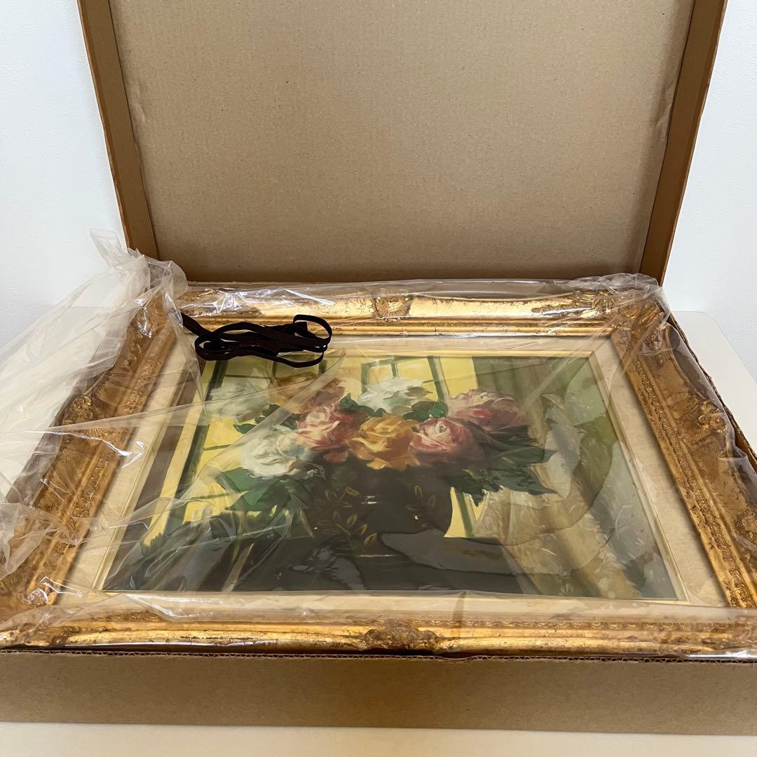 真作　肉筆油絵　窓辺のバラ　田崎順平　F6 額縁　花