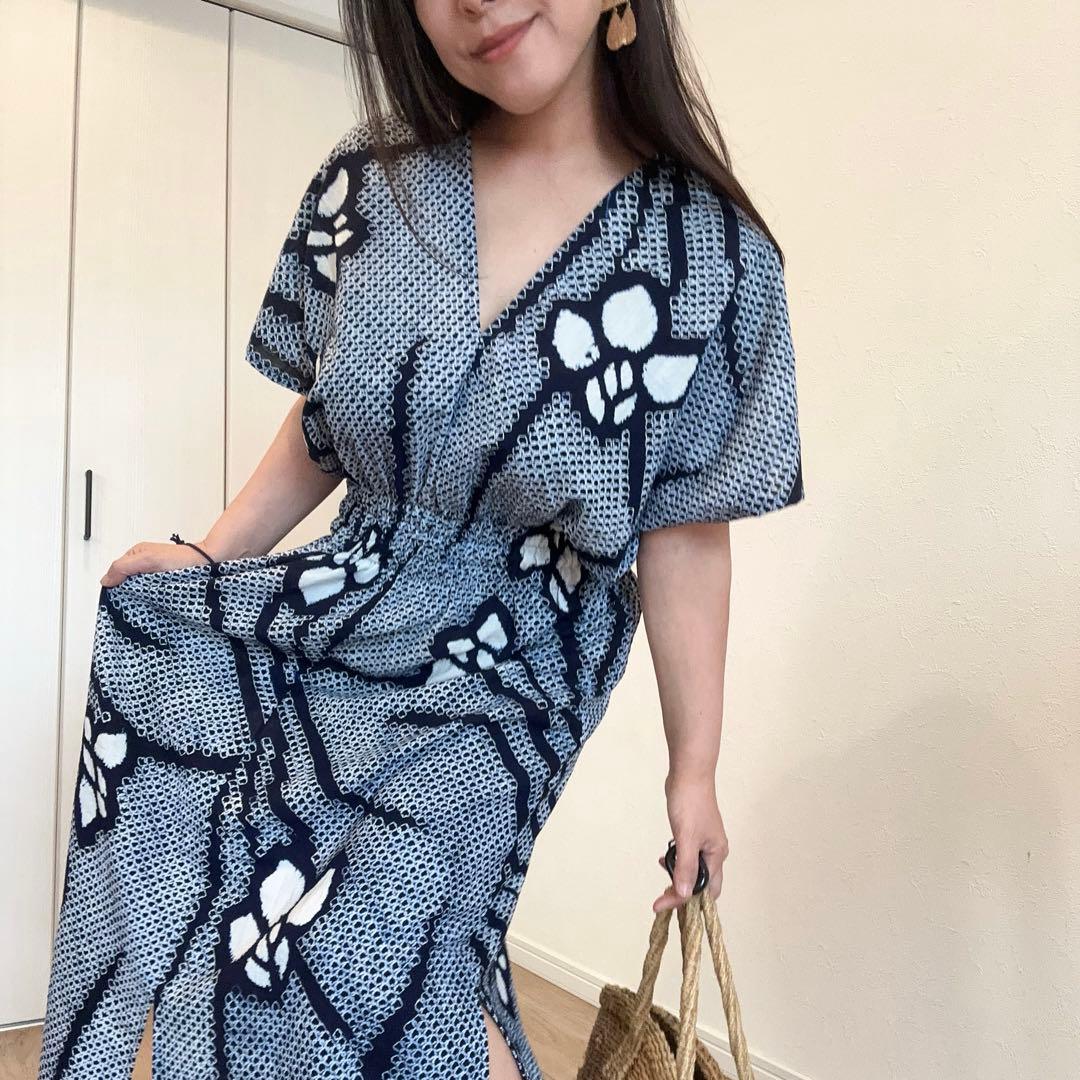 浴衣　リメイク　有松絞り　ワンピ ハンドメイド　ロング　シンプル　単色　あやめ
