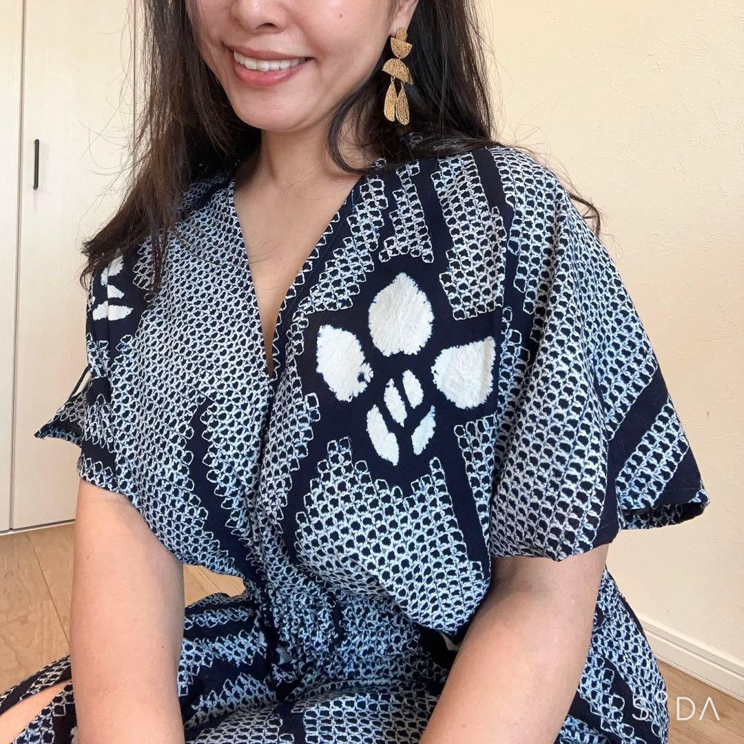 浴衣　リメイク　有松絞り　ワンピ ハンドメイド　ロング　シンプル　単色　あやめ