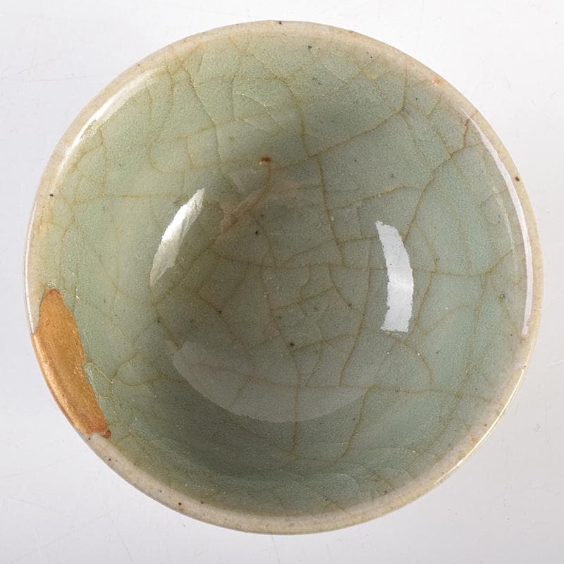 中国　南宋　哥窯　金糸鉄線　刻蓮弁文　盃　金継直し　時代箱付　V　R7717