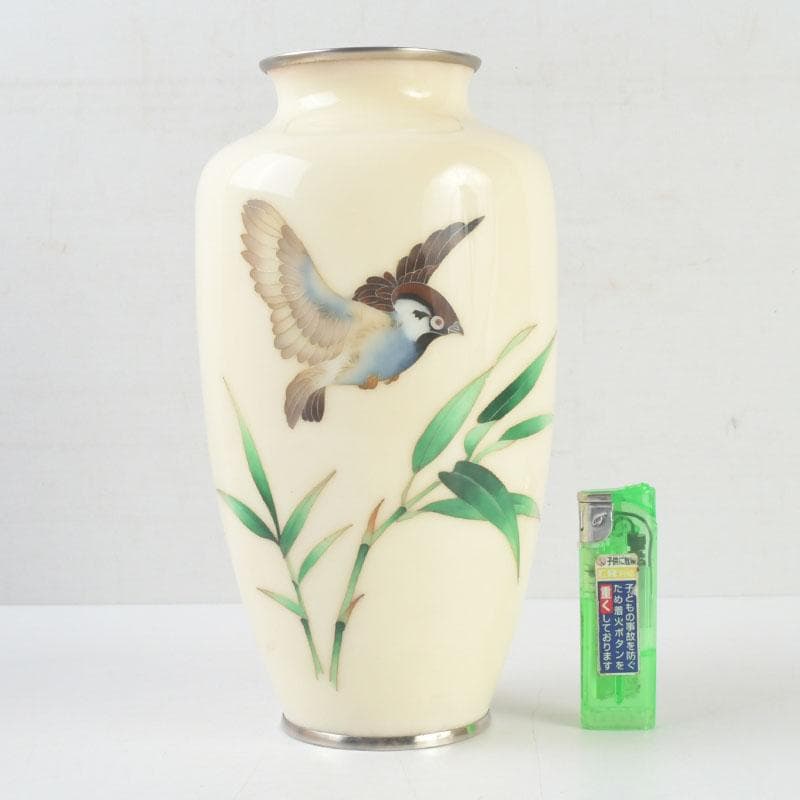 七宝焼　白釉　草鳥文　花瓶　時代箱　V　9663