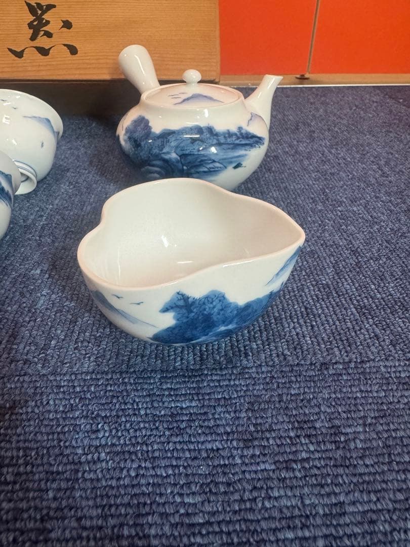 1746 有田焼　染付山水　茶器セット　急須1客　湯冷し1客　湯呑5客　未使用