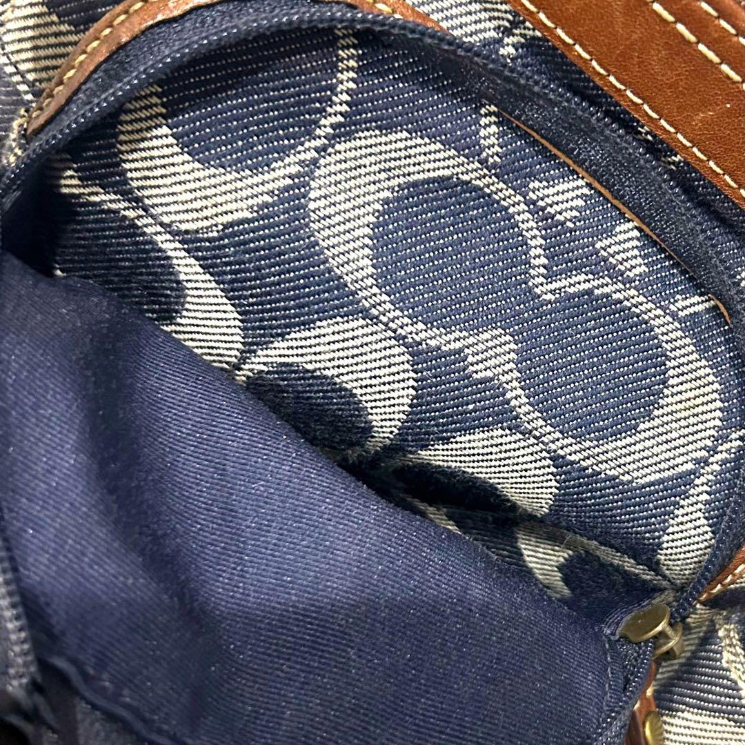 極美品 コーチ ワンショルダー バッグ シグネチャー デニム レザー ネイビー