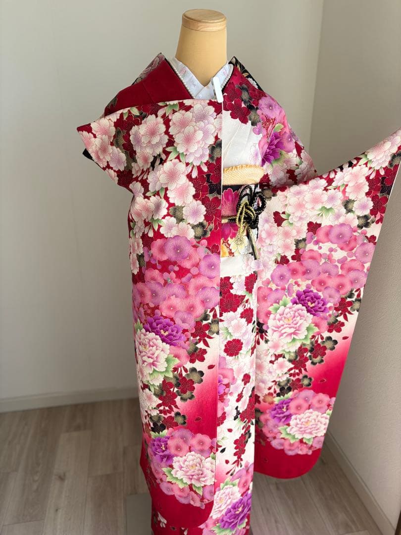 可愛い♡振袖フルセット（７点）　正絹　成人式　白・赤系