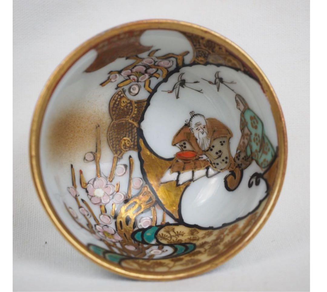 送料無料　明治～大正期　細密絵九谷焼煎茶碗5客　本金使用 完品無傷