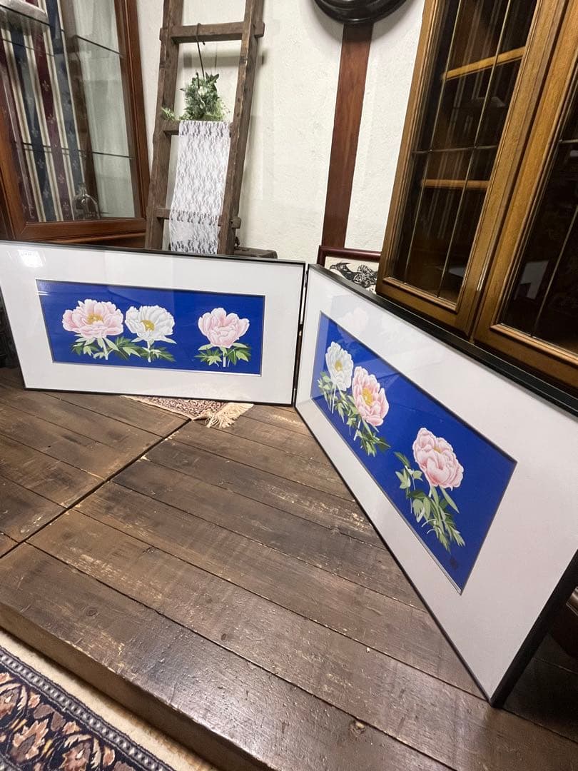 澁川矗 【ぼたん ぼたん】 2枚折屏風 950×500 真作保証 しぶかわなおし