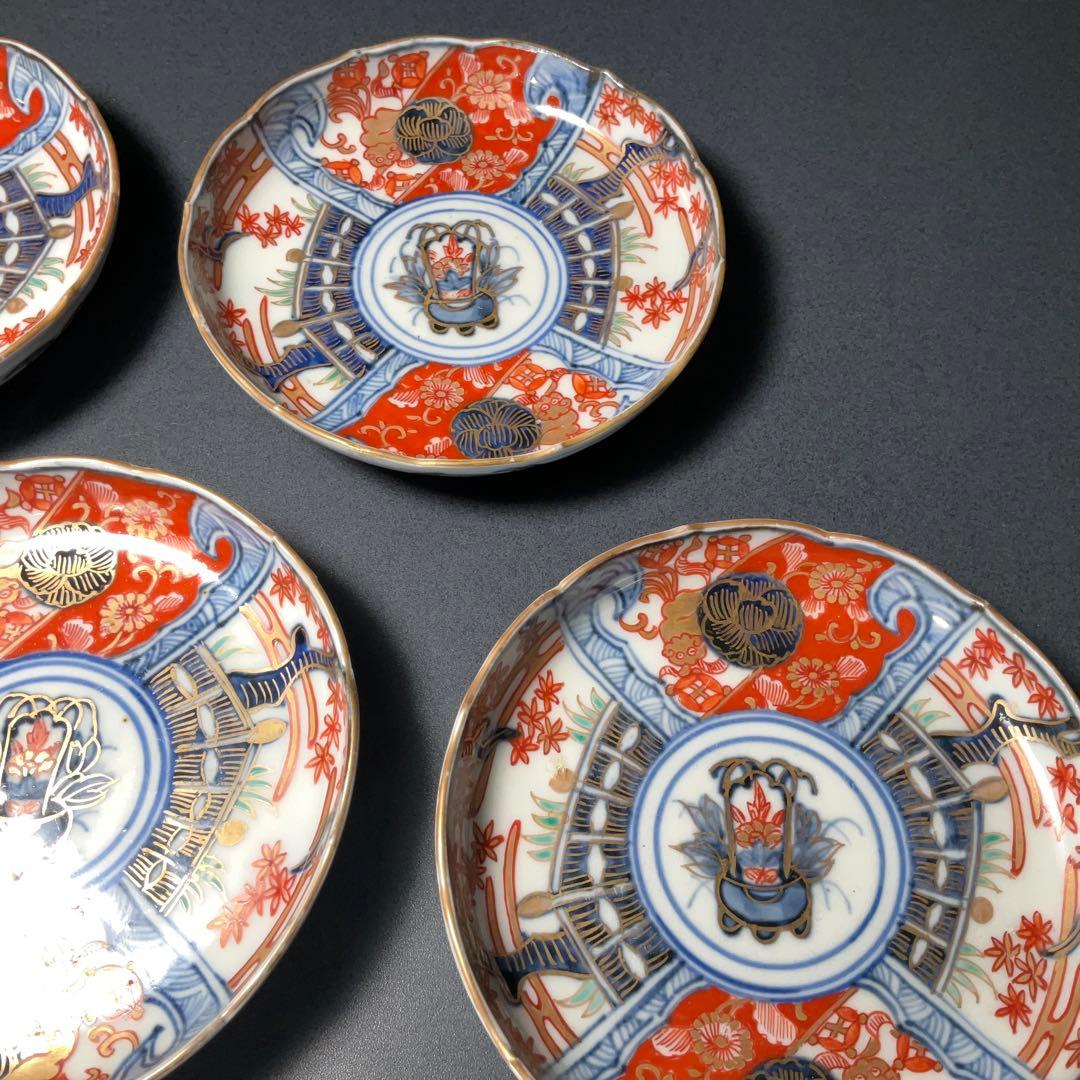 伊万里金襴手 花籠図小皿５枚組　桐箱付　∅11　骨董　古伊万里　R1292お12