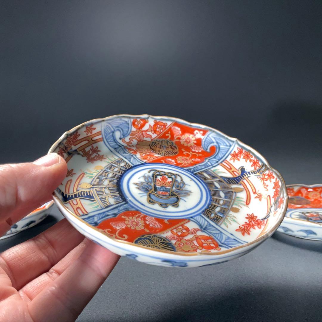 伊万里金襴手 花籠図小皿５枚組　桐箱付　∅11　骨董　古伊万里　R1292お12