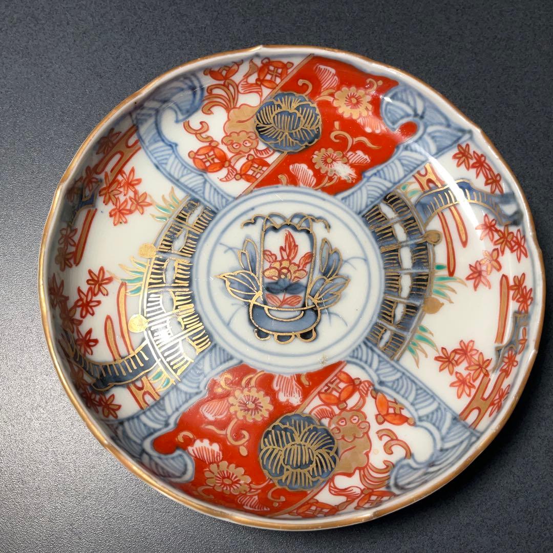 伊万里金襴手 花籠図小皿５枚組　桐箱付　∅11　骨董　古伊万里　R1292お12