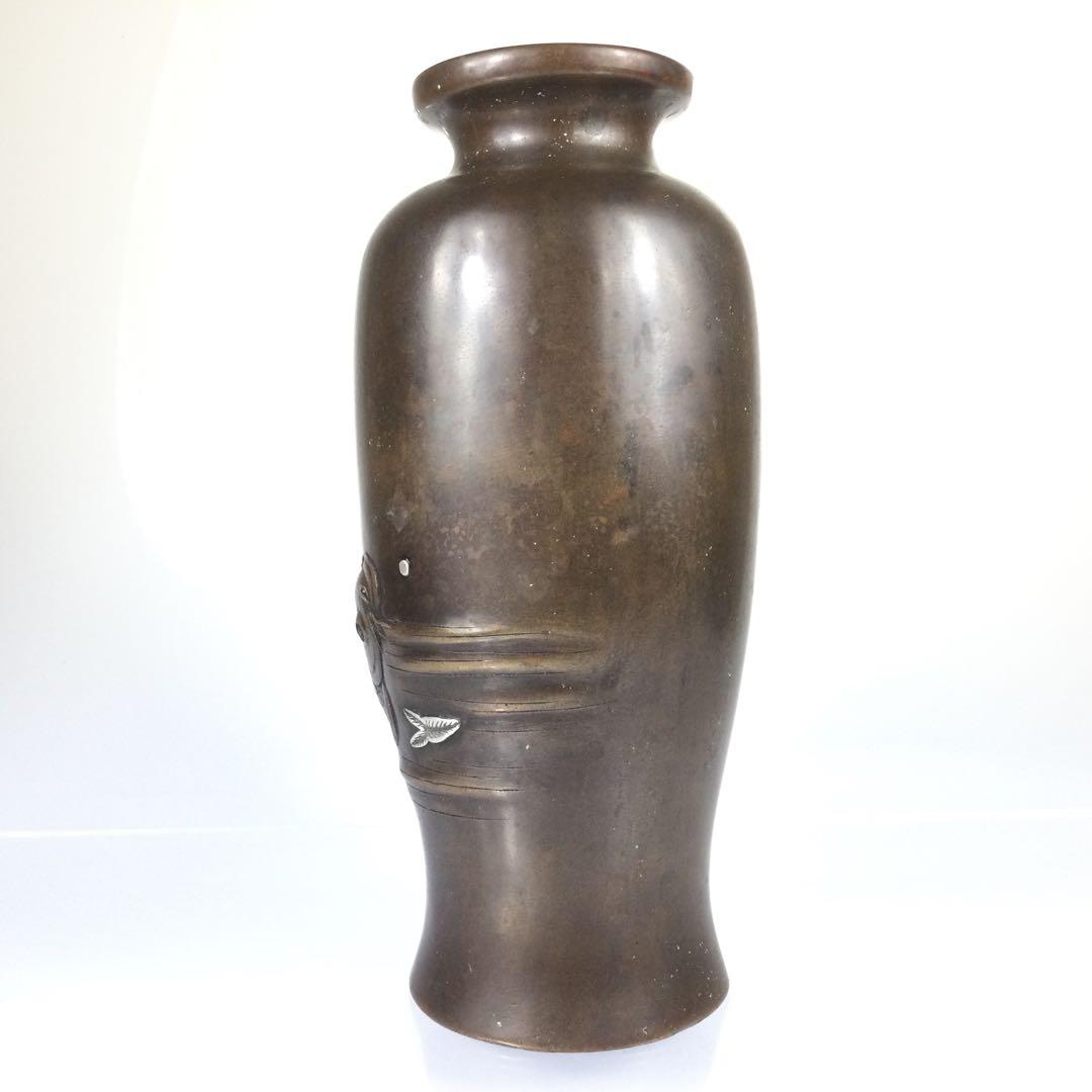 銅製 銀象嵌鯉文花瓶 黄直作 鯉高肉彫 花器 花生 重量1515g 時代物Mcナ