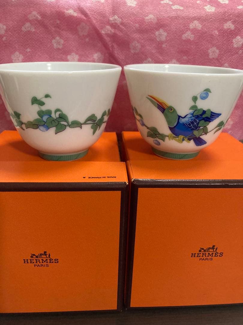 レア希少　HERMES ＊Toucans鳥の絵柄カップ2個箱付きセット