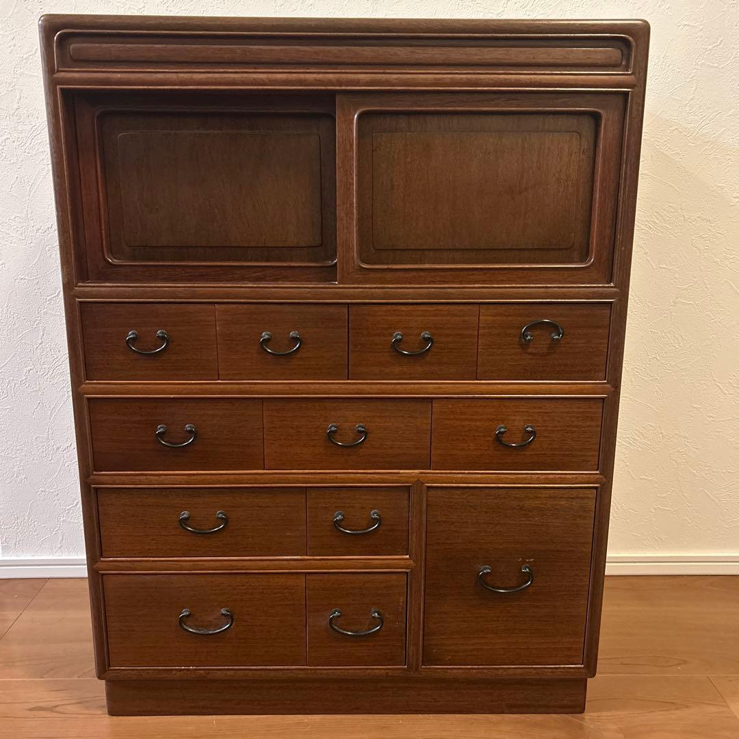 木製ダークブラウン収納棚 12引き出し アンティーク タンス 箪笥 古家具