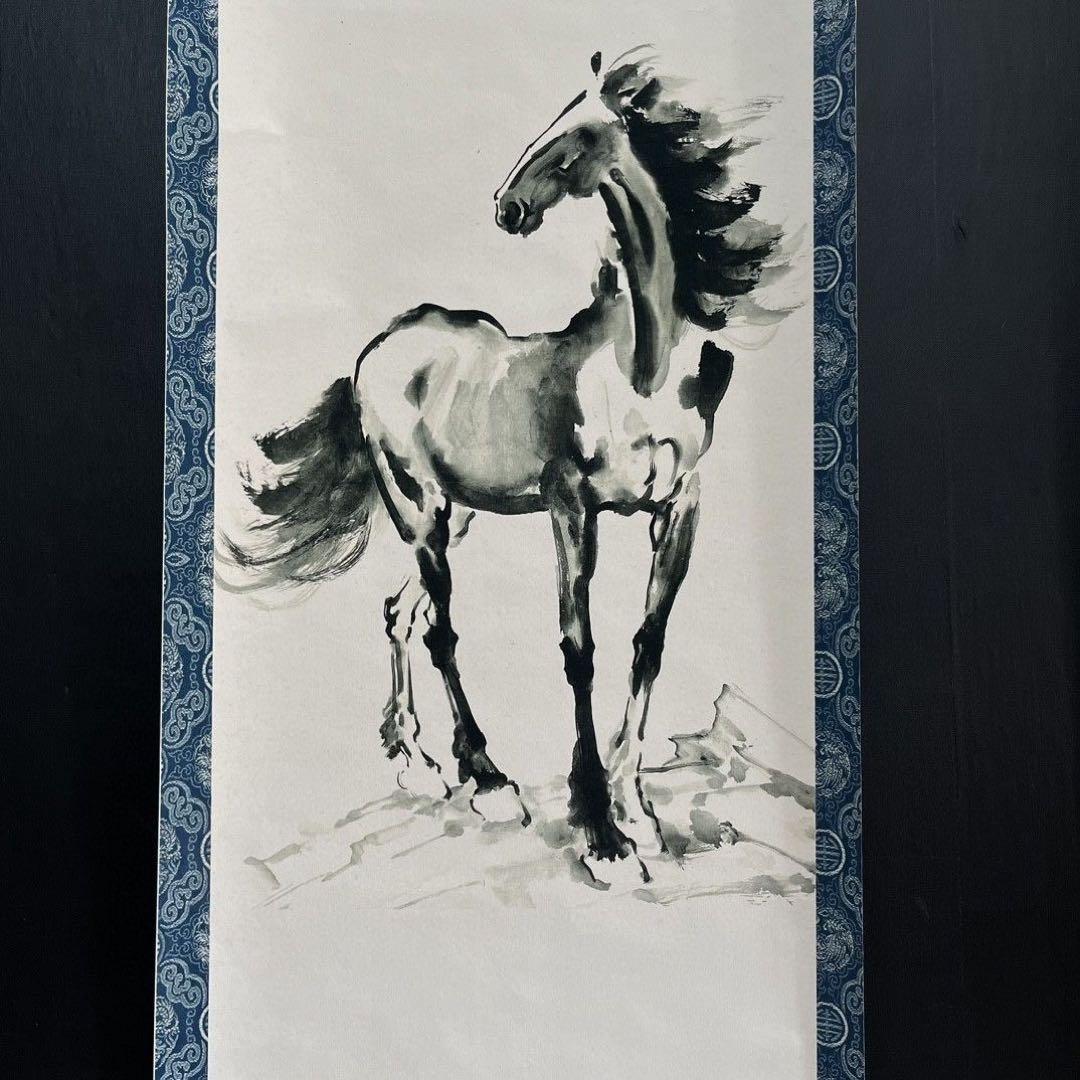 四条屏・名人字画　徐悲鴻「奔馬図」掛け軸　墨馬・装飾屏風　美術掛画
