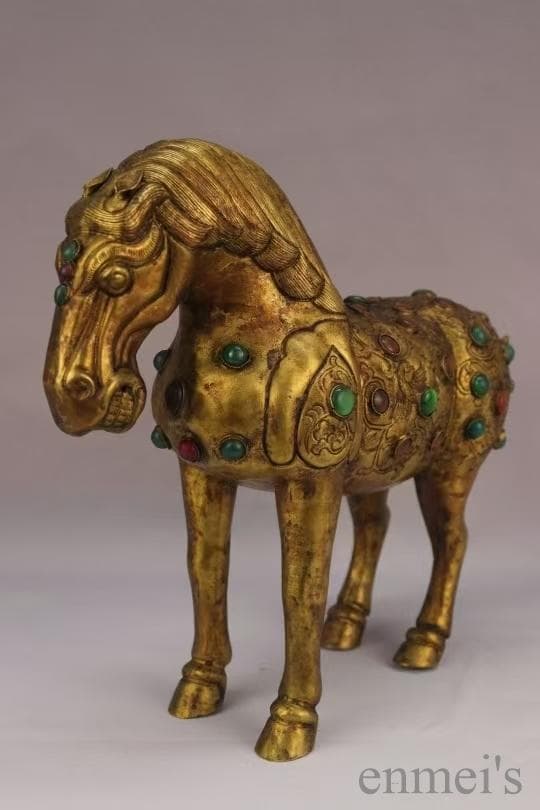 中国古美術 旧蔵 鍍金銅馬 精銅製 鍍金装飾 彫刻馬像 置物 純手作り 古美味