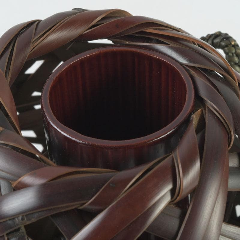 茶道具　竹峰造　古竹細工　鳳尾竹　掛花籠　竹籠　共箱　V　9784