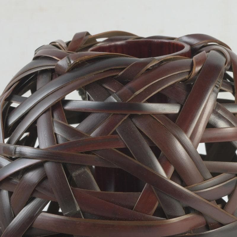 茶道具　竹峰造　古竹細工　鳳尾竹　掛花籠　竹籠　共箱　V　9784